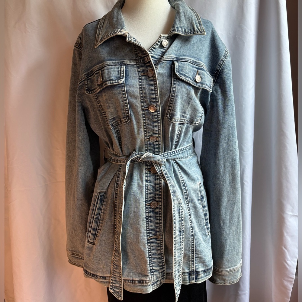 Maurices Light Blue Denim Belted Jacket